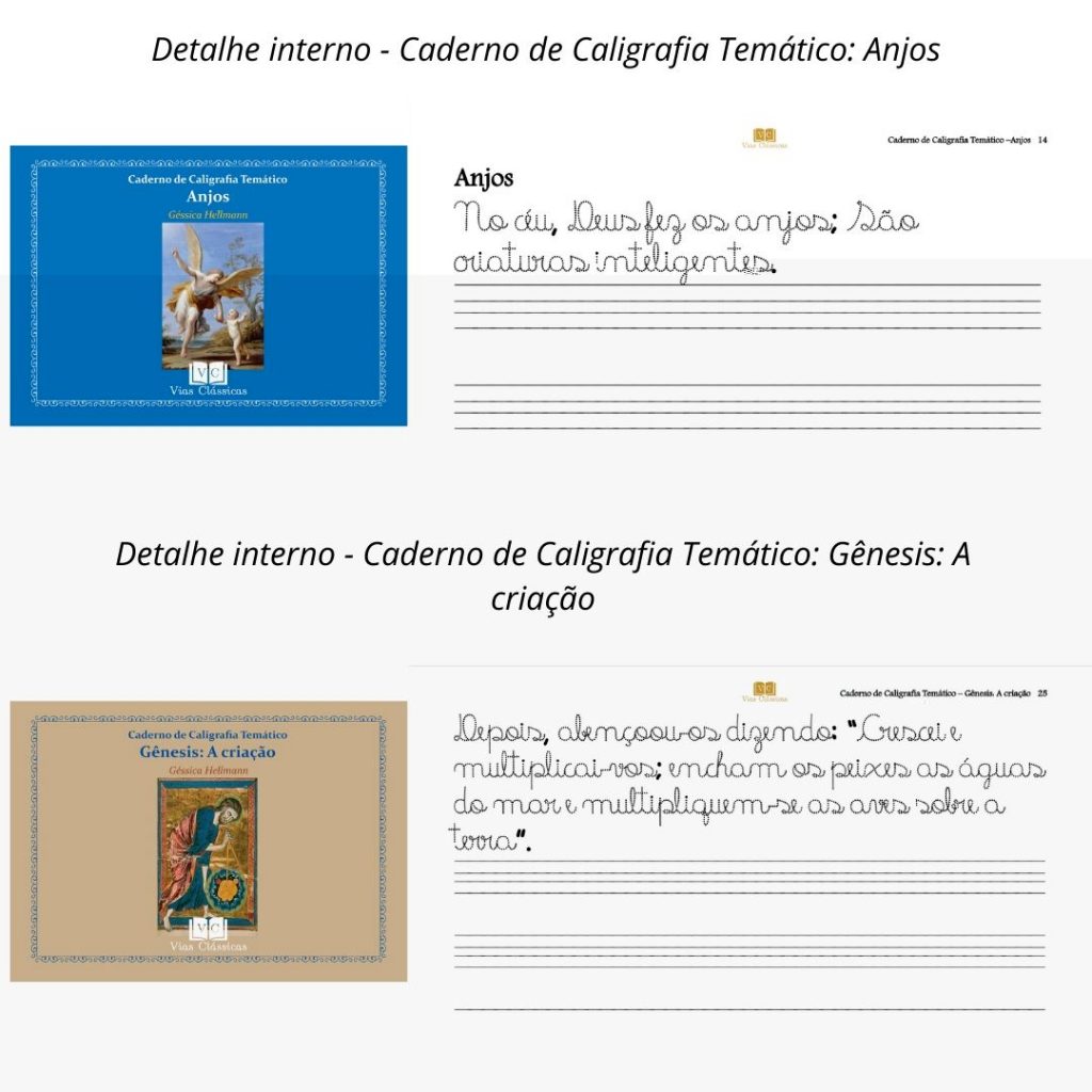 Cadernos de Caligrafia Temáticos Nível A (Anjos) e Nível B (A Criação): amostra das páginas internas com destaque para o tamanho da fonte.