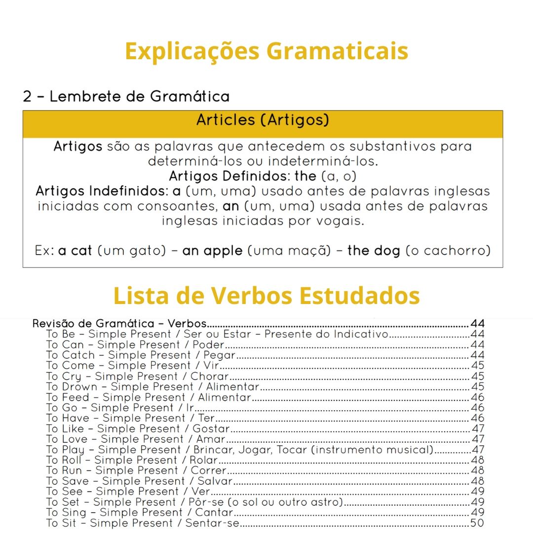 Amostra de Explicações gramaticais - Lembrete de Gramática - Artigos. Amostra dos verbos estudados até o momento na coleção.