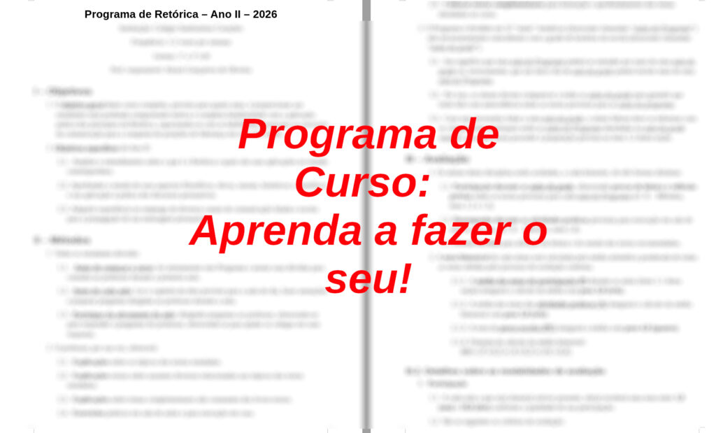 Imagem: Documento de programa de curso desfocado com texto superposto "Aprenda a fazer o seu".