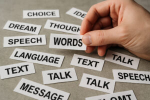 Metáfora visual da escolha de palavras durante a redação de um texto.