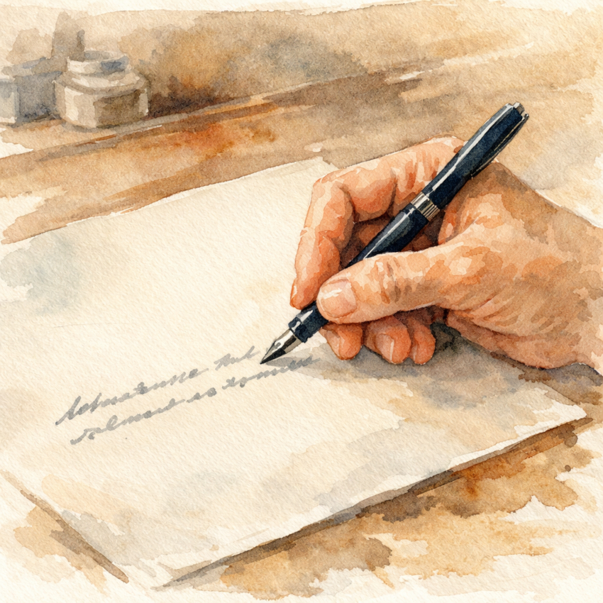 Redação: mão sobre o papel, escrevendo uma frase.